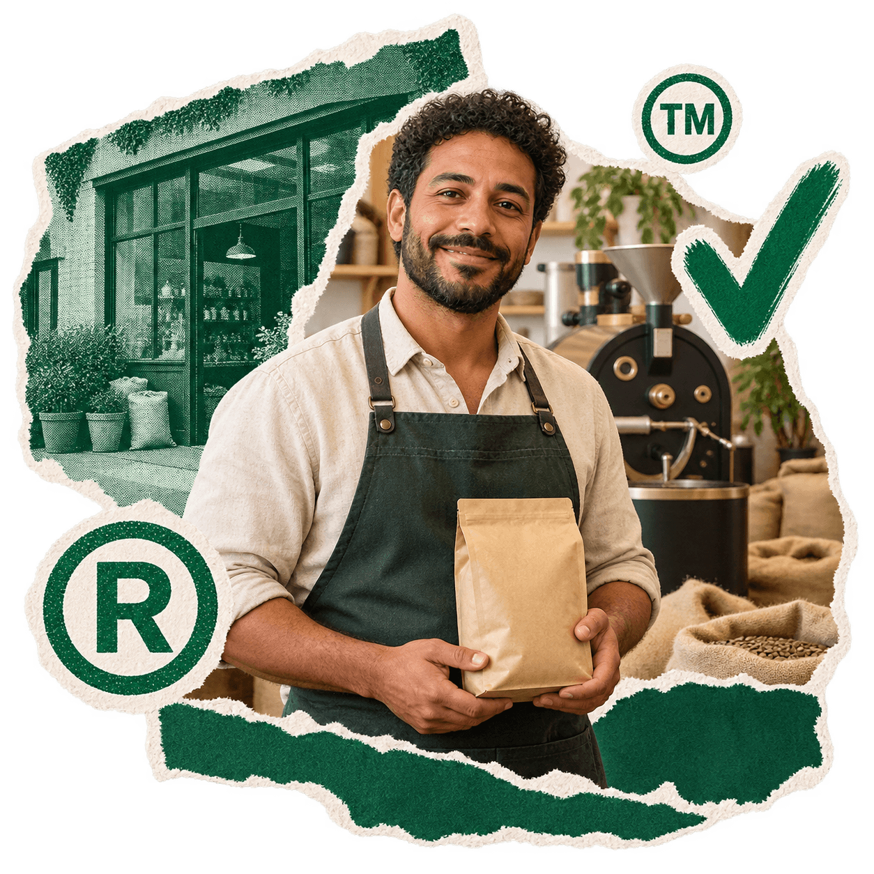 Grüne Papiercollage: ein Kaffeeröster in seinem Geschäft, umgeben von Markenschutzsymbolen.